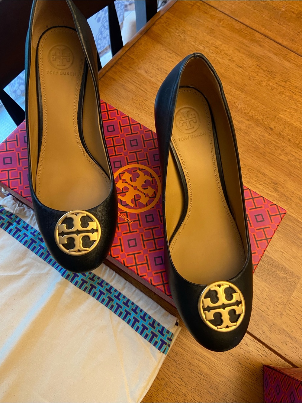 Tory Burch Black Leather Wedge with Gold Emblem